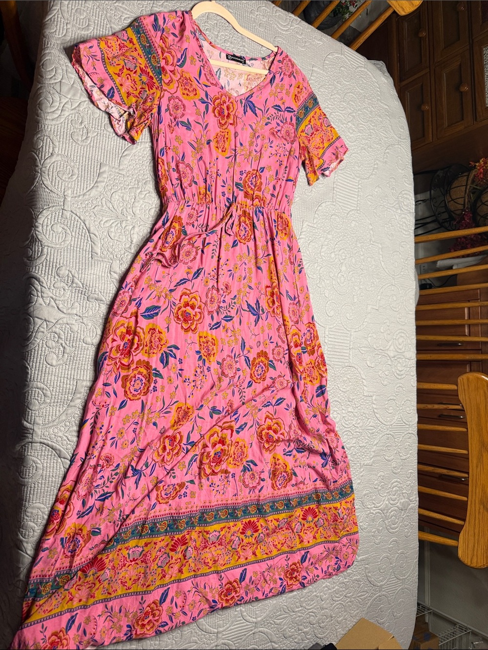 Bright Pink Floral Boho Maxi Dress with Short Sleeves